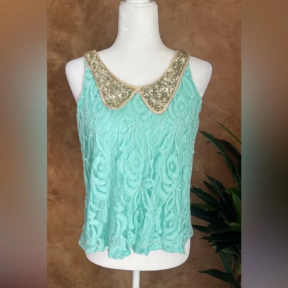 Daytrip Teal sheer sleeveless gold collar top sz Medium - Picture 2 of 7